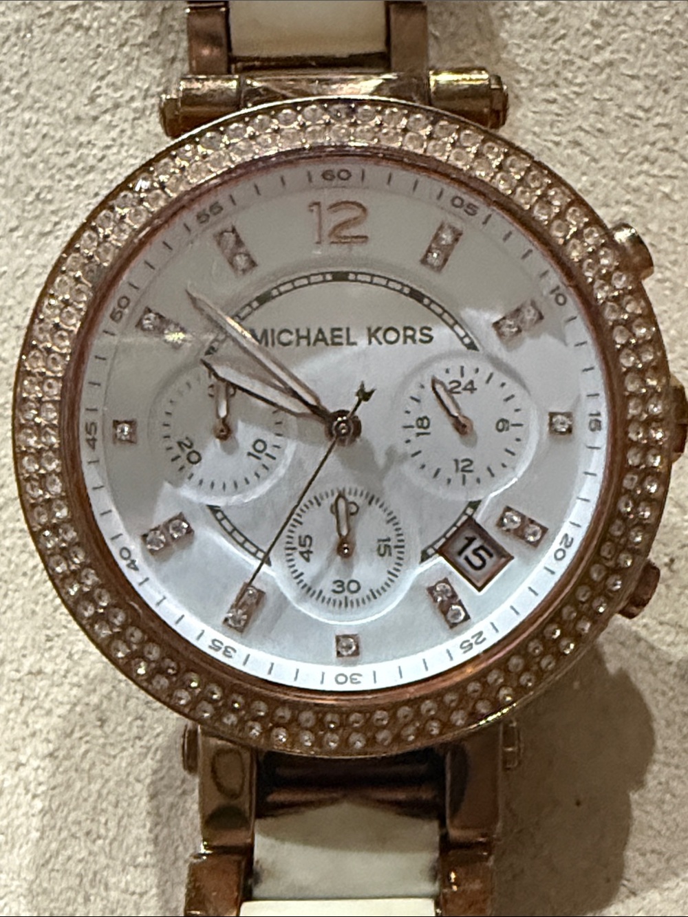 Michael Kors Rose Gold and Cream Crystal-Trim Chronograph Watch!